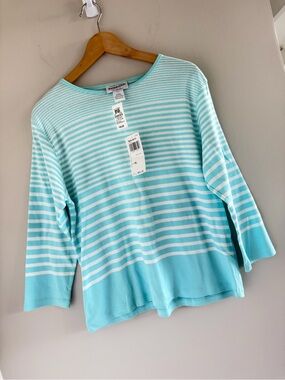 NWT Pendleton Aqua White Stripe Coastal Boat Neck Cotton Top XL Nautical Read
